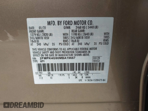 2021 Ford Edge SE with VIN 2FMPK4G90MBA19667, listed as a IAAI auction lot 42215758 with 27,496 mi miles and . Bid and sale history available at DreamBid. Image 9.