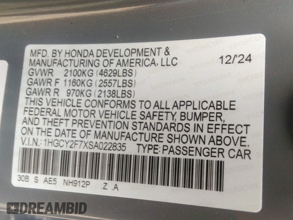 2025 Honda Accord Sport-L with VIN 1HGCY2F7XSA022835, listed as a IAAI auction lot 42414185 with 7,473 mi miles and . Bid and sale history available at DreamBid. Image 9.