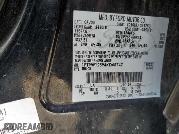 2004 Ford F-150 XLT z VIN 1FTPW12594KD68747, wystawiony jako Copart lot #61853335 z przebiegiem 217 731 mil mil oraz Szkoda całkowita • Salvage title. Historia ofert i sprzedaży dostępna na DreamBid. Obrazek 12.