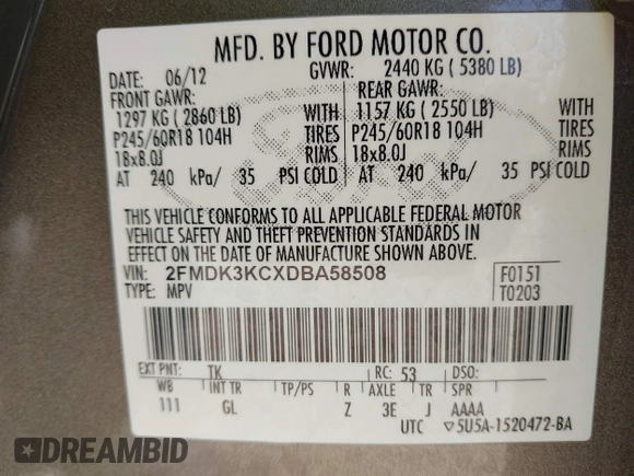 2013 Ford Edge Limited z VIN 2FMDK3KCXDBA58508, wystawiony jako IAAI lot #42192682 z przebiegiem 78 481 mil mil oraz . Historia ofert i sprzedaży dostępna na DreamBid. Obrazek 9.