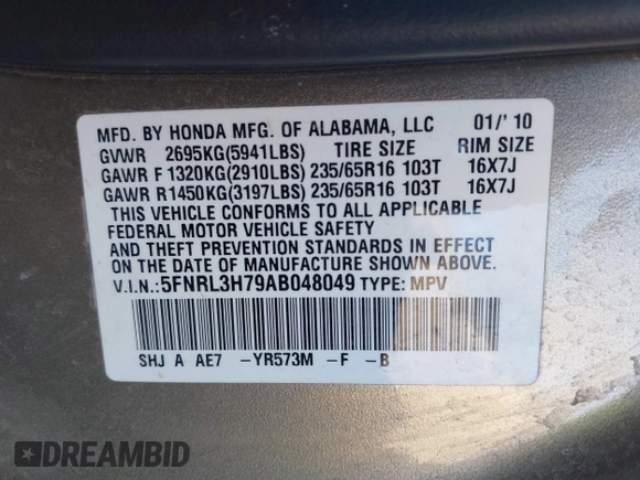 2010 Honda Odyssey EX-L with VIN 5FNRL3H79AB048049, listed as a IAAI auction lot 41440910 with 142,385 mi miles. Bid and sale history available at carsss.com. Image 9.