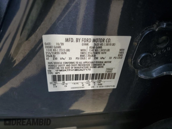 2021 Ford Explorer Limited z VIN 1FMSK7FH1MGA27175, wystawiony jako Copart lot #62322055 z przebiegiem 80 066 mil mil oraz Szkoda całkowita • Salvage title. Historia ofert i sprzedaży dostępna na DreamBid. Obrazek 12.