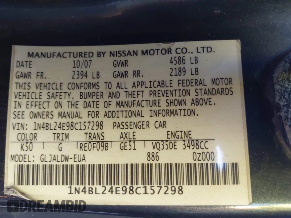 2008 Nissan Altima 3.5 SE with VIN 1N4BL24E98C157298, listed as a IAAI auction lot 42050152 with 175,823 mi miles. Bid and sale history available at carsss.com. Image 9.