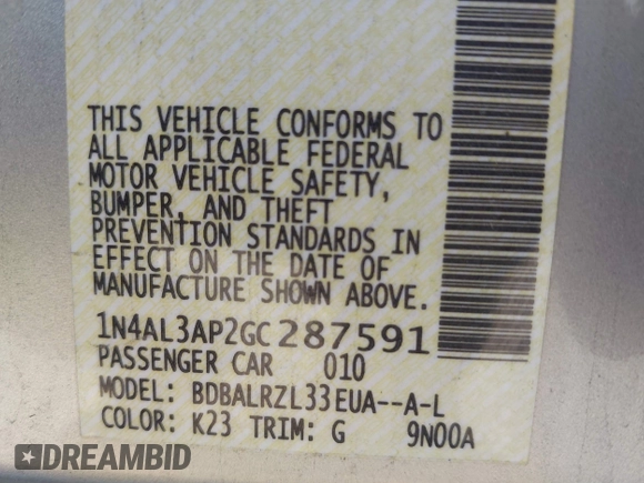 2016 Nissan Altima SR with VIN 1N4AL3AP2GC287591, listed as a IAAI auction lot 41758321 with 114,894 mi miles and . Bid and sale history available at carsss.com. Image 9.