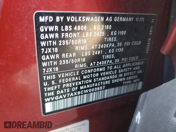 2012 Volkswagen Tiguan SE with VIN WVGAV7AX9CW003857, listed as a Copart auction lot 58356295 with 202,794 mi miles and Salvage title. Bid and sale history available at DreamBid. Image 13.