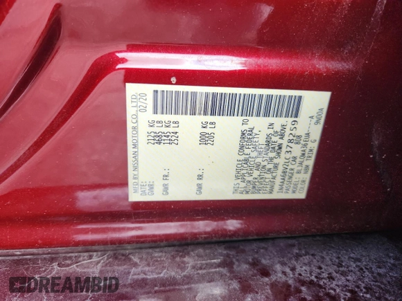 2020 Nissan Maxima S with VIN 1N4AA6BV2LC378259, listed as a Copart auction lot 59784475 with 123,973 mi miles and Salvage title. Bid and sale history available at DreamBid. Image 12.