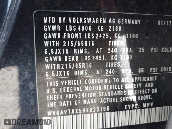 2017 Volkswagen Tiguan S with VIN WVGAV7AX5HK023196, listed as a IAAI auction lot 41999906 with 48,751 mi miles and . Bid and sale history available at DreamBid. Image 9.