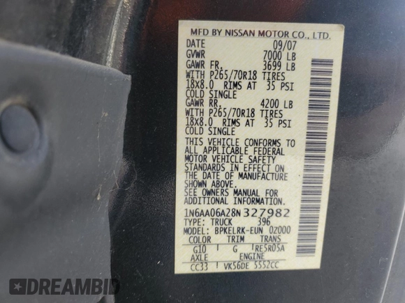 2008 Nissan Titan SE with VIN 1N6AA06A28N327982, listed as a Copart auction lot 87114184 with 133,077 mi miles and Clean Title. Bid and sale history available at carsss.com. Image 12.