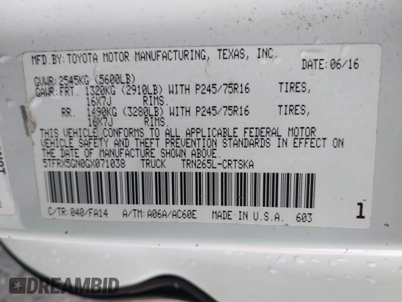 2016 Toyota Tacoma SR with VIN 5TFRX5GN0GX071038, listed as a IAAI auction lot 41176395 with 160,803 mi miles and . Bid and sale history available at DreamBid. Image 9.