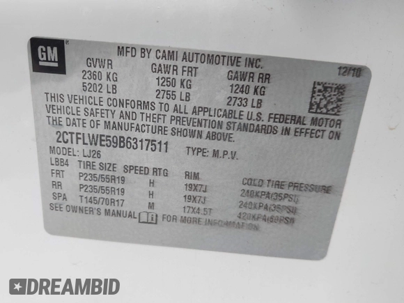 2011 GMC Terrain SLT-2 with VIN 2CTFLWE59B6317511, listed as a IAAI auction lot 41826425 with 165,704 mi miles and . Bid and sale history available at carsss.com. Image 9.