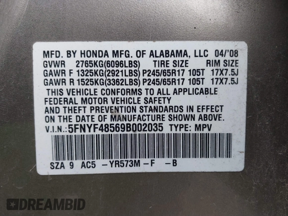 2009 Honda Pilot EX-L with VIN 5FNYF48569B002035, listed as a IAAI auction lot 41838347 with 198,849 mi miles. Bid and sale history available at carsss.com. Image 9.