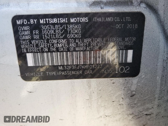 2019 Mitsubishi Mirage ES with VIN ML32F3FJ7KHF03222, listed as a Copart auction lot 55153875 with 121,003 mi miles and Clean title. Bid and sale history available at DreamBid. Image 12.