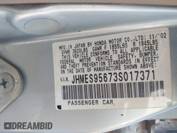 2003 Honda Civic Hybrid with VIN JHMES95673S017371, listed as a IAAI auction lot 41893086 with 1 mi miles. Bid and sale history available at carsss.com. Image 9.