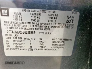 2011 GMC Terrain SLE-1 with VIN 2CTALMEC5B6296265, listed as a Copart auction lot 61905465 with 171,370 mi miles and Salvage title. Bid and sale history available at DreamBid. Image 13.