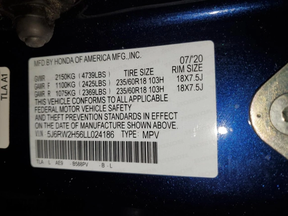 2020 Honda CR-V EX with VIN 5J6RW2H56LL024186, listed as a Copart auction lot 89305045 with 69,219 mi miles and Salvage Title. Bid and sale history available at carsss.com. Image 14.