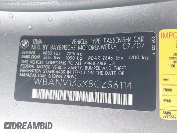 2008 BMW 5 Series 528xi with VIN WBANV135X8CZ56114, listed as a IAAI auction lot 41173831 with 164,839 mi miles and . Bid and sale history available at carsss.com. Image 9.