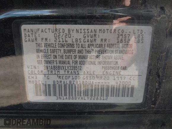 2020 Nissan Sentra S with VIN 3N1AB8BVXLY228512, listed as a IAAI auction lot 42095616 with 95,963 mi miles and . Bid and sale history available at DreamBid. Image 9.
