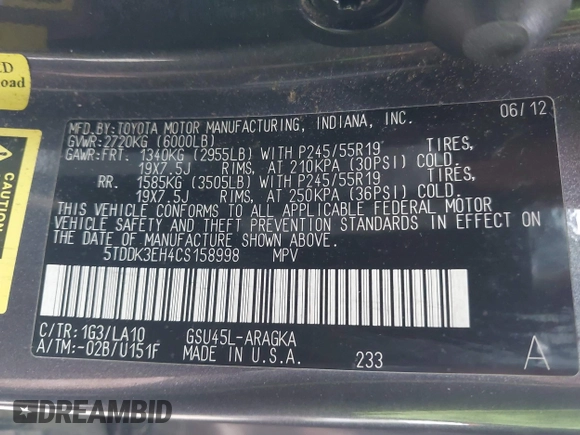 2012 Toyota Highlander Limited with VIN 5TDDK3EH4CS158998, listed as a IAAI auction lot 41891409 with 57,670 mi miles. Bid and sale history available at carsss.com. Image 9.
