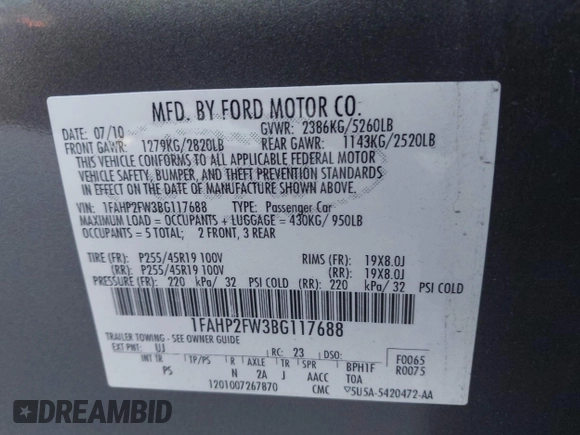 2011 Ford Taurus Limited with VIN 1FAHP2FW3BG117688, listed as a IAAI auction lot 41974469 with 215,036 mi miles and . Bid and sale history available at carsss.com. Image 9.