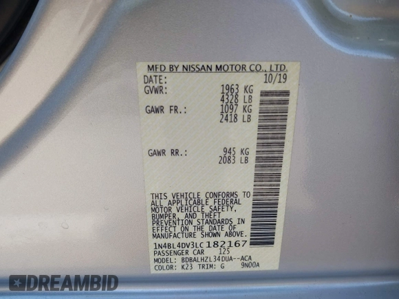 2020 Nissan Altima SV z VIN 1N4BL4DV3LC182167, wystawiony jako IAAI lot #42071300 z przebiegiem 69 122 mil mil oraz . Historia ofert i sprzedaży dostępna na DreamBid. Obrazek 9.