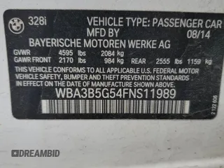 2015 BMW 3 Series 328i xDrive with VIN WBA3B5G54FNS11989, listed as a Copart auction lot 52485505 with 134,230 mi miles and Salvage Title. Bid and sale history available at carsss.com. Image 14.