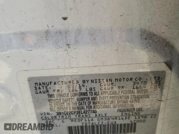 2014 Nissan Note S with VIN 3N1CE2CP3EL427740, listed as a Copart auction lot 52353115 with 132,371 mi miles and Salvage Title. Bid and sale history available at DreamBid. Image 12.