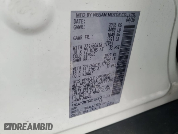 2016 Nissan Rogue SL with VIN 5N1AT2MT6GC832135, listed as a Copart auction lot 81309684 with 0 mi miles and Salvage Title. Bid and sale history available at carsss.com. Image 13.