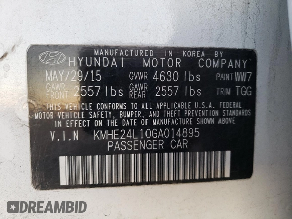 2016 Hyundai Sonata Hybrid SE with VIN KMHE24L10GA014895, listed as a Copart auction lot 72613852 with 69,811 mi miles. Bid and sale history available at carsss.com. Image 15.