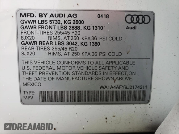 2018 Audi SQ5 Premium Plus with VIN WA1A4AFY9J2174211, listed as a Copart auction lot 44818213 with 48,868 mi miles. Bid and sale history available at carsss.com. Image 14.