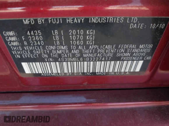 2011 Subaru Legacy Limited Power Moon with VIN 4S3BMBL61B3227417, listed as a IAAI auction lot 41558033 with 179,605 mi miles and . Bid and sale history available at DreamBid. Image 9.