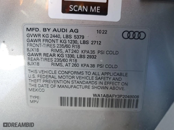 2023 Audi Q5 Premium with VIN WA1ABAFY3P2049008, listed as a Copart auction lot 88082735 with 11,871 mi miles and Salvage Title. Bid and sale history available at carsss.com. Image 14.