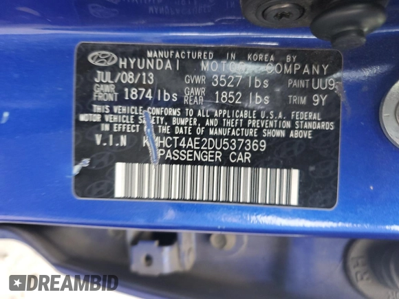 2013 Hyundai Accent GLS with VIN KMHCT4AE2DU537369, listed as a Copart auction lot 50819985 with 191,011 mi miles and Salvage Title. Bid and sale history available at carsss.com. Image 12.
