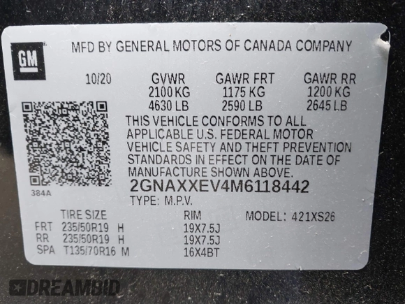 2021 Chevrolet Equinox Premier z VIN 2GNAXXEV4M6118442, wystawiony jako IAAI lot #41392148 z przebiegiem 92 170 mil mil oraz . Historia ofert i sprzedaży dostępna na DreamBid. Obrazek 9.