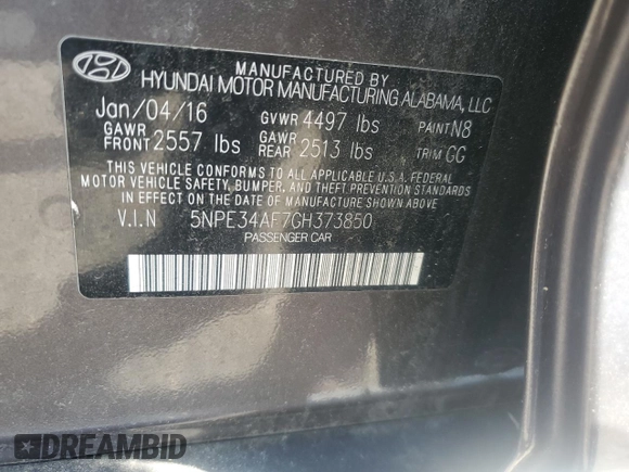 2016 Hyundai Sonata Sport with VIN 5NPE34AF7GH373850, listed as a Copart auction lot 54975115 with 160,303 mi miles and Clean Title. Bid and sale history available at DreamBid. Image 12.