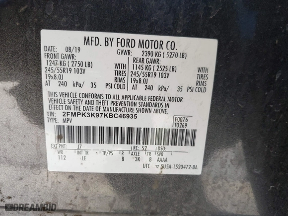 2019 Ford Edge Titanium with VIN 2FMPK3K97KBC46935, listed as a IAAI auction lot 41651078 with 163,387 mi miles. Bid and sale history available at carsss.com. Image 9.