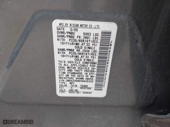 2005 Nissan Murano SL with VIN JN8AZ08W85W426305, listed as a IAAI auction lot 41746532 with 137,040 mi miles. Bid and sale history available at carsss.com. Image 9.