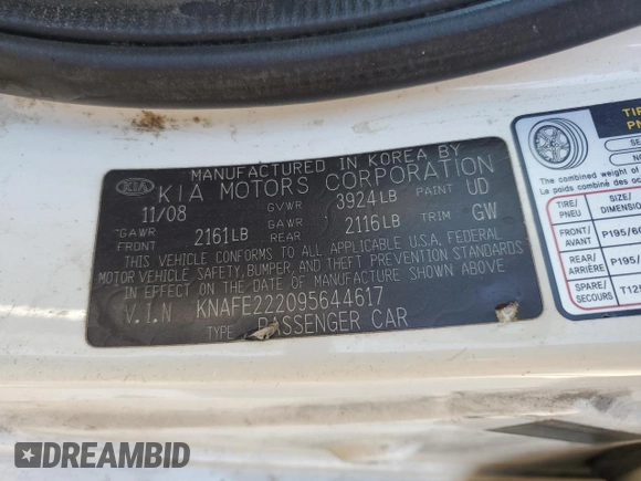 2009 Kia Spectra SX with VIN KNAFE222095644617, listed as a Copart auction lot 78531514 with 240,465 mi miles and Salvage Title. Bid and sale history available at carsss.com. Image 12.