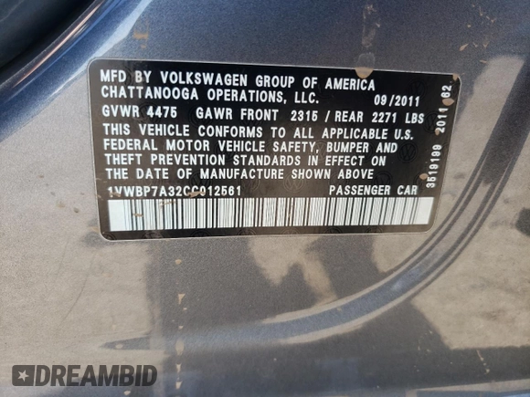 2012 Volkswagen Passat SE with VIN 1VWBP7A32CC012561, listed as a Copart auction lot 52325914 with 0 mi miles and Non Repairable. Bid and sale history available at carsss.com. Image 10.