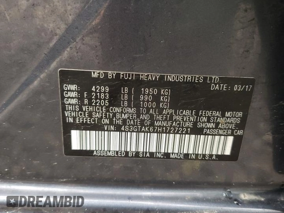 2017 Subaru Impreza Special Sports with VIN 4S3GTAK67H1727221, listed as a Copart auction lot 52441615 with 90,447 mi miles and Salvage title. Bid and sale history available at DreamBid. Image 13.