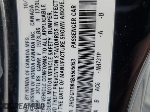 2011 Honda Civic EX with VIN 2HGFG1B84BH505053, listed as a Copart auction lot 69618914 with 176,142 mi miles and Salvage Title. Bid and sale history available at carsss.com. Image 13.