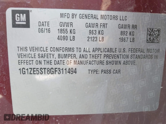 2016 Chevrolet Malibu LT with VIN 1G1ZE5ST8GF311494, listed as a IAAI auction lot 41829007 with 122,263 mi miles and . Bid and sale history available at DreamBid. Image 9.