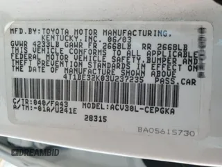 2003 Toyota Camry LE with VIN 4T1BE32K03U237235, listed as a Copart auction lot 55101425 with 114,830 mi miles and Salvage Title. Bid and sale history available at DreamBid. Image 12.