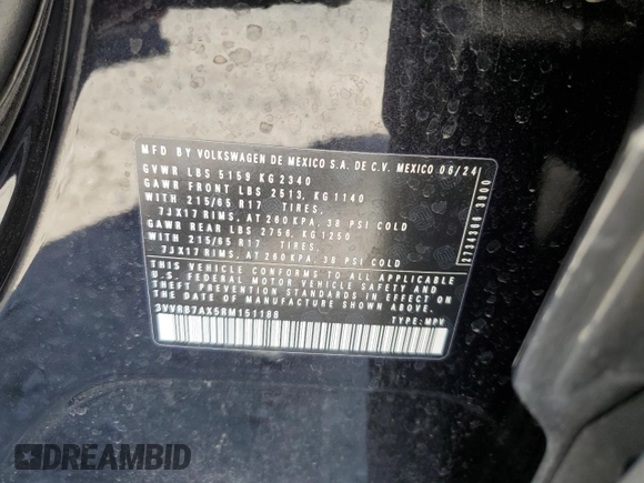 2024 Volkswagen Tiguan S z VIN 3VVRB7AX5RM151188, wystawiony jako Copart lot #55497675 z przebiegiem Nie podano mil oraz Szkoda całkowita • Salvage title. Historia ofert i sprzedaży dostępna na DreamBid. Obrazek 12.