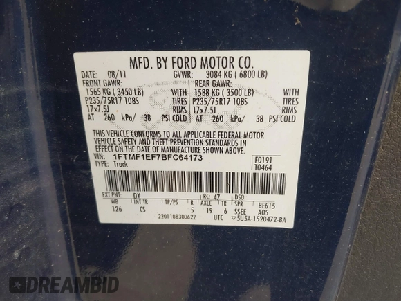 2011 Ford F-150 XL with VIN 1FTMF1EF7BFC64173, listed as a IAAI auction lot 41660358 with 108,619 mi miles and . Bid and sale history available at DreamBid. Image 9.