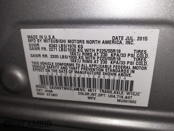 2015 Mitsubishi Outlander Sport ES with VIN 4A4AR3AU1FE043294, listed as a IAAI auction lot 41920523 with 103,612 mi miles. Bid and sale history available at carsss.com. Image 9.
