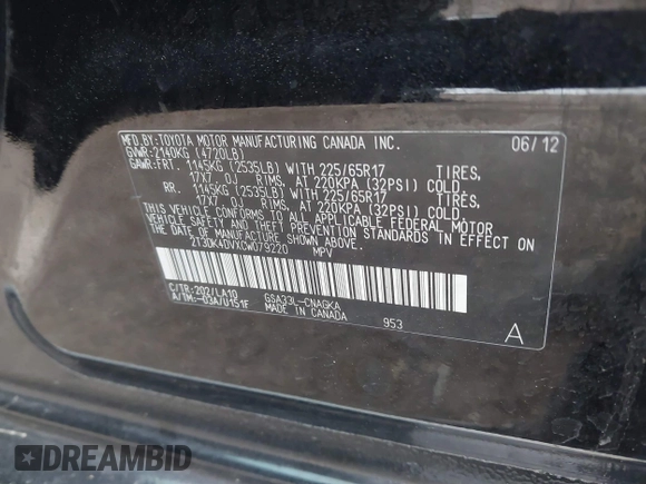 2012 Toyota RAV4 Limited with VIN 2T3DK4DVXCW079220, listed as a IAAI auction lot 41465160 with 151,332 mi miles. Bid and sale history available at carsss.com. Image 9.
