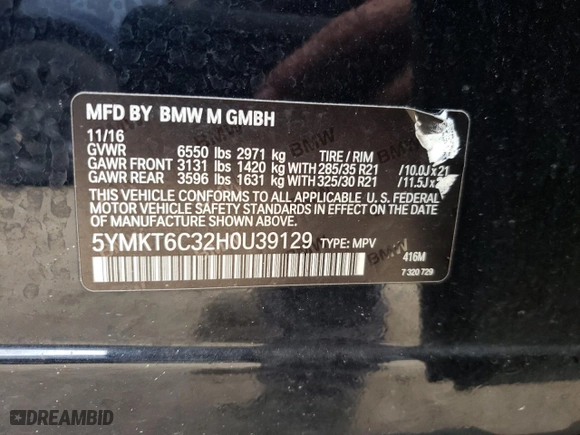 2017 BMW X5 M with VIN 5YMKT6C32H0U39129, listed as a Copart auction lot 46292492 with 0 mi miles. Bid and sale history available at carsss.com. Image 10.