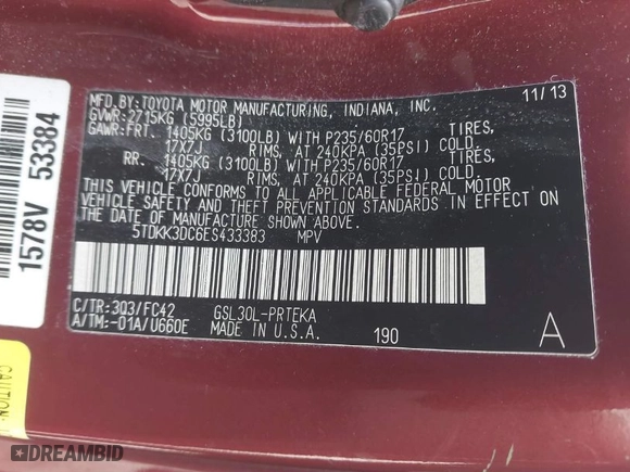 2014 Toyota Sienna LE AAS with VIN 5TDKK3DC6ES433383, listed as a IAAI auction lot 41607527 with 115,235 mi miles. Bid and sale history available at carsss.com. Image 9.