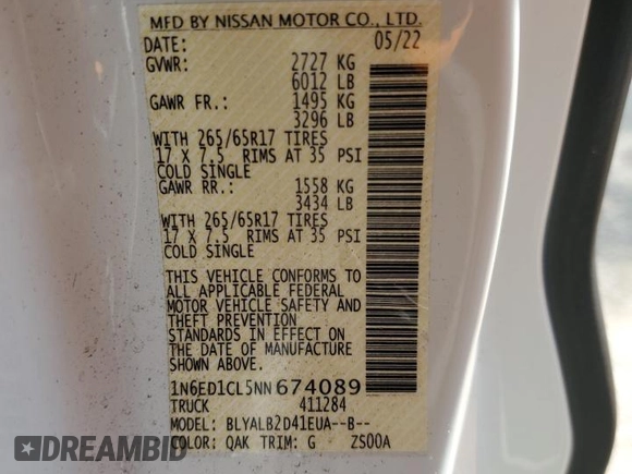 2022 Nissan Frontier S with VIN 1N6ED1CL5NN674089, listed as a Copart auction lot 71232204 with 23,768 mi miles and Salvage Title. Bid and sale history available at carsss.com. Image 13.