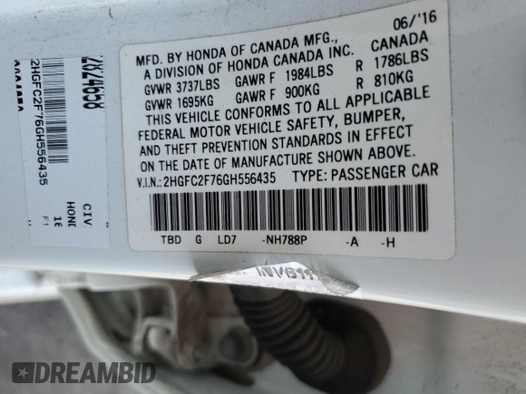 2016 Honda Civic EX with VIN 2HGFC2F76GH556435, listed as a Copart auction lot 51868575 with 84,561 mi miles and Salvage Title. Bid and sale history available at DreamBid. Image 12.